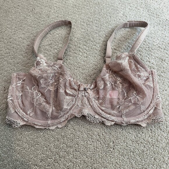 Victoria's Secret Other - Victoria's Secret Bra Unlined Demi Toffee Praline Lace Over Nude Mesh Sz 34F/DDD